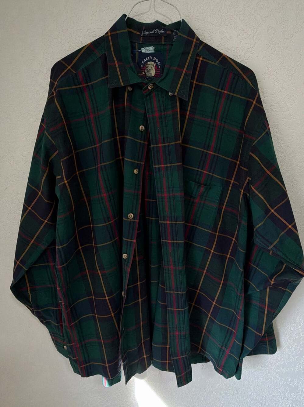 Salty Dog Imperial Poplin Plaid Button Down Shirt Size L Green Cotton